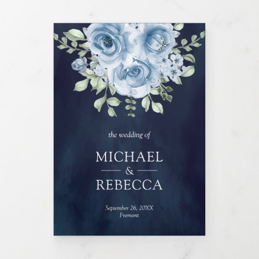 素朴なダスティーブルーのバラの写真 ネイビーブルーの結婚式 三つ折り招待状 (カバー)