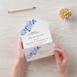 素朴なダスティーブルーの水彩画風の花と葉 オールインワン招待状