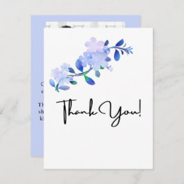 素朴なダスティーブルーの水彩画風の花と葉 サンキューカード