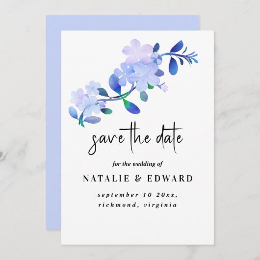 素朴なダスティーブルーの水彩画風の花と葉 セーブザデート (正面/裏面)