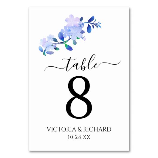 素朴なダスティーブルーの水彩画風の花と葉 テーブルナンバー (正面)