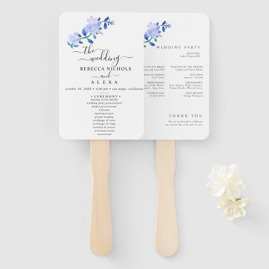 素朴なダスティーブルーの水彩画風の花と葉 ハンドファン (正面&裏面)