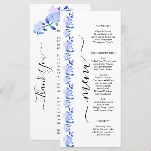 素朴なダスティーブルーの水彩画風の花と葉 メニュー (正面/裏面)