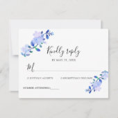 素朴なダスティーブルーの水彩画風の花と葉 出欠カード (正面)