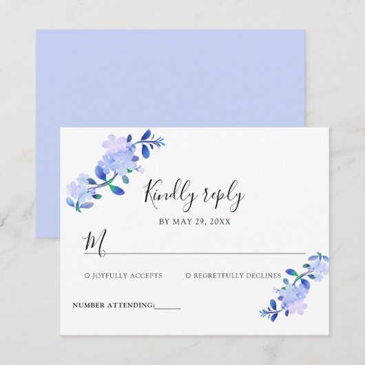 素朴なダスティーブルーの水彩画風の花と葉 出欠カード (正面/裏面)