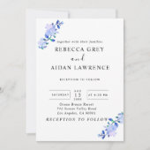 素朴なダスティーブルーの水彩画風の花と葉 招待状 (正面)