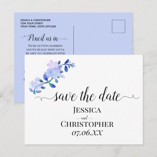 素朴なダスティーブルーの水彩画風の花と葉 案内ポストカード (正面/裏面)