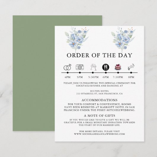 素朴なダスティーブルーの水彩花と葉 エンクロージャーカード (正面/裏面)