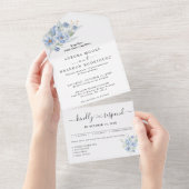 素朴なダスティーブルーの水彩花と葉 オールインワン招待状 (貼ってはがせる)