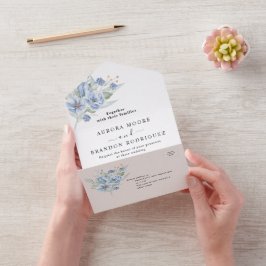 素朴なダスティーブルーの水彩花と葉 オールインワン招待状