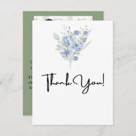 素朴なダスティーブルーの水彩花と葉 サンキューカード