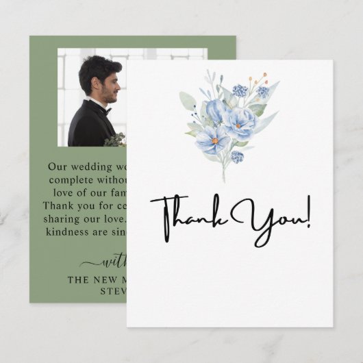 素朴なダスティーブルーの水彩花と葉 サンキューカード (正面/裏面)