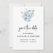 素朴なダスティーブルーの水彩花と葉 セーブザデート (正面)