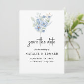 素朴なダスティーブルーの水彩花と葉 セーブザデート (スタンド正面)