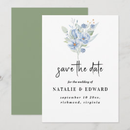 素朴なダスティーブルーの水彩花と葉 セーブザデート