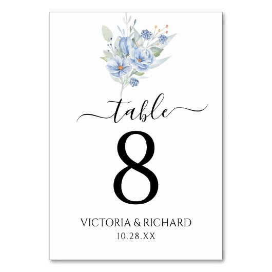 素朴なダスティーブルーの水彩花と葉 テーブルナンバー (正面)