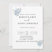 素朴なダスティーブルーの水彩花と葉 招待状 (正面)