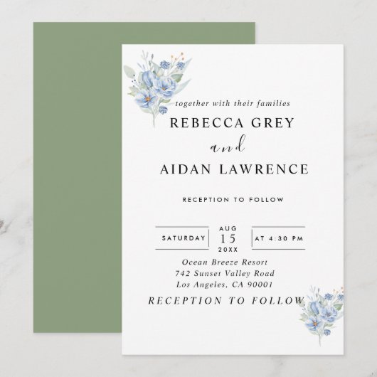 素朴なダスティーブルーの水彩花と葉 招待状 (正面/裏面)