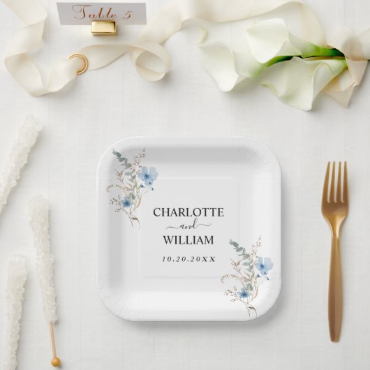 素朴なダスティーブルーの水彩花束 ペーパープレート (ウェディング)