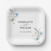 素朴なダスティーブルーの水彩花束 ペーパープレート (正面)