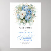 素朴なダスティーブルーの花のウェディングシャワー　ようこそ ポスター (正面)