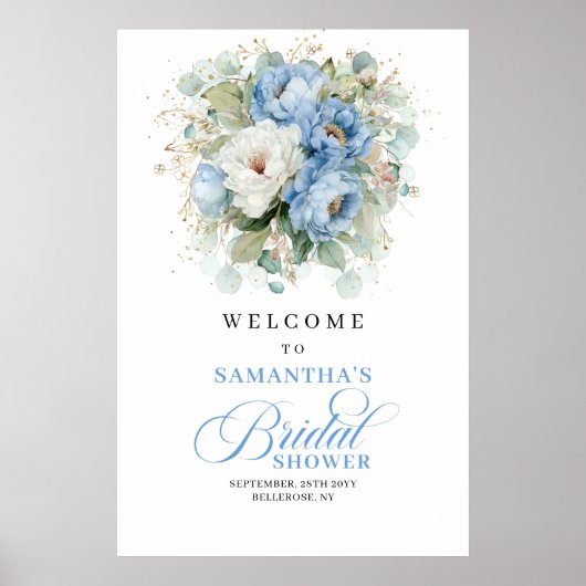 素朴なダスティーブルーの花のウェディングシャワー　ようこそ ポスター (正面)