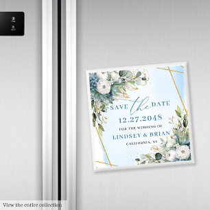 素朴なダスティーブルーの花モチーフのゴールドのSave The Date マグネット