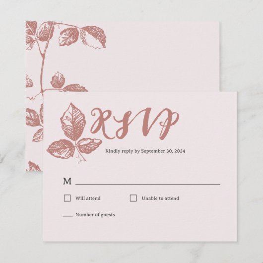 素朴なダスティーローズのファンタジー フラワーズ 出欠カード (正面/裏面)