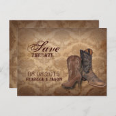 素朴なダマスク西カウボーイ結婚式の日付を保存 案内ポストカード (正面/裏面)