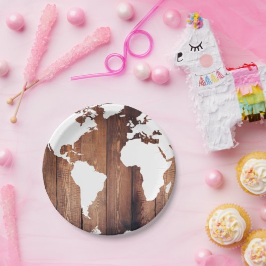 素朴なダークウッドの板 & 白い世界地図 ペーパープレート (パーティー)