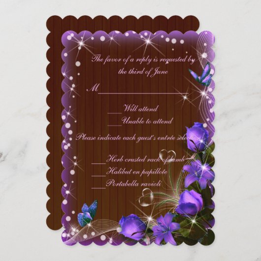 素朴なダークウッドパープルの花柄結婚式返信カード 招待状 (正面/裏面)