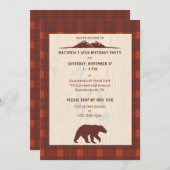 素朴なチェック柄のクマと山の誕生日パーティー 招待状 (正面/裏面)