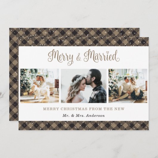 素朴なチェック柄のクリスマスカード 結婚おめでとう シーズンカード (正面/裏面)