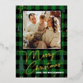 素朴なチェック柄のクリスマスツリーの森の写真リアル 箔シーズンカード (正面)