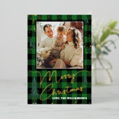 素朴なチェック柄のクリスマスツリーの森の写真リアル 箔シーズンカード (立ち正面)