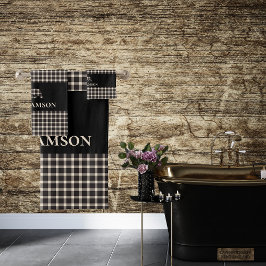 素朴なチェック柄のモノグラムクマ | 黒 クリーム 白 バスタオルセット