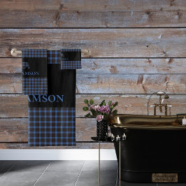 素朴なチェック柄のモノグラムクマ | 黒 青 バスタオルセット