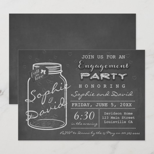 素朴なチョークのメイソンジャー 結婚発表パーティーの招待状 招待状 (正面/裏面)