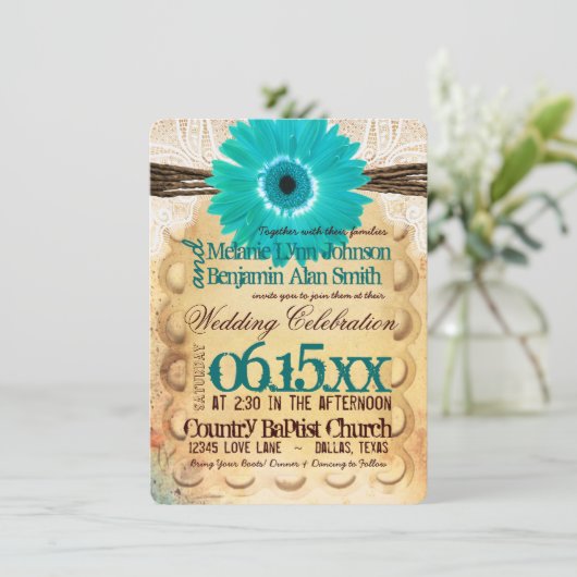素朴なティール（緑がかった色）のデイジーのタイポグラフィの結婚式招待状 招待状 (スタンド正面)