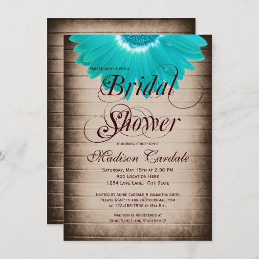 素朴なティール（緑がかった色）のデイジーのブライダルシャワー招待状 招待状 (正面/裏面)