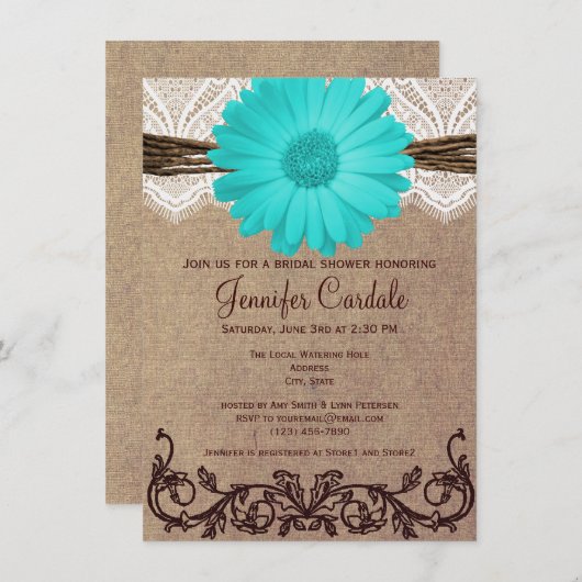 素朴なティール(緑がかった色)のデイジーのブライダルシャワー招待状 招待状 (正面/裏面)