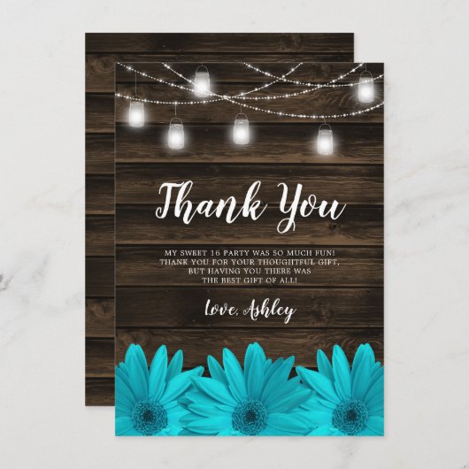 素朴なティール(緑がかった色)のデイジーのメーソンジャーは菓子16をつけます サンキューカード (正面/裏面)