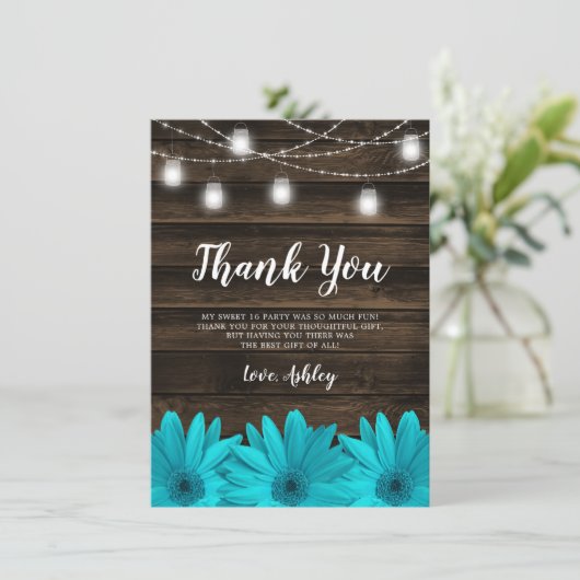 素朴なティール（緑がかった色）のデイジーのメーソンジャーは菓子16をつけます サンキューカード (スタンド正面)