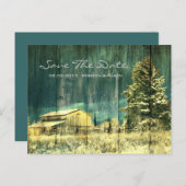 素朴なティール（緑がかった色）の常緑雪の森の冬の結婚式 案内ポストカード (正面/裏面)