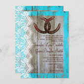 素朴なティール(緑がかった色)の納屋の木製の蹄鉄の結婚式招待状 招待状 (正面/裏面)