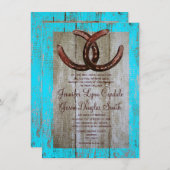 素朴なティール（緑がかった色）の納屋の木製の蹄鉄の結婚式招待状 招待状 (正面/裏面)