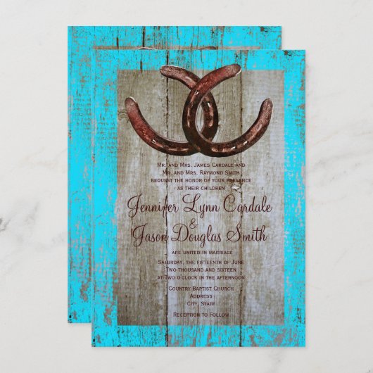 素朴なティール(緑がかった色)の納屋の木製の蹄鉄の結婚式招待状 招待状 (正面/裏面)
