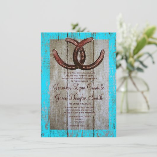 素朴なティール(緑がかった色)の納屋の木製の蹄鉄の結婚式招待状 招待状 (スタンド正面)