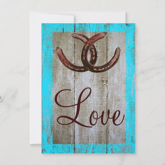 素朴なティール(緑がかった色)の納屋の木製の蹄鉄の結婚式招待状 招待状 (裏面)