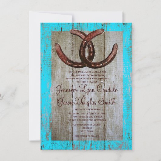 素朴なティール（緑がかった色）の納屋の木製の蹄鉄の結婚式招待状 招待状 (正面)
